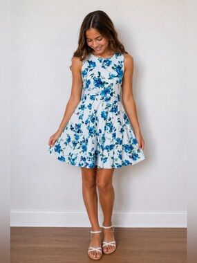 Kate Kasin Girls Blue Teal Floral Sleeveless Fit and Flare Party Dress